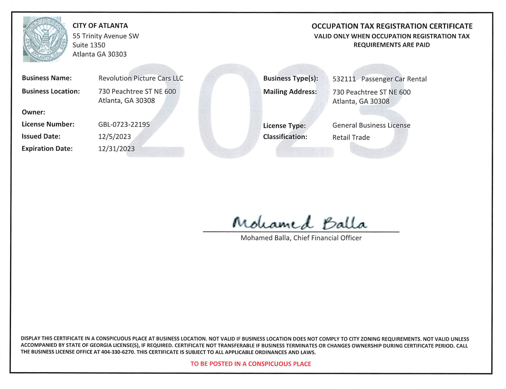 Revolution Picture Cars business license certificate