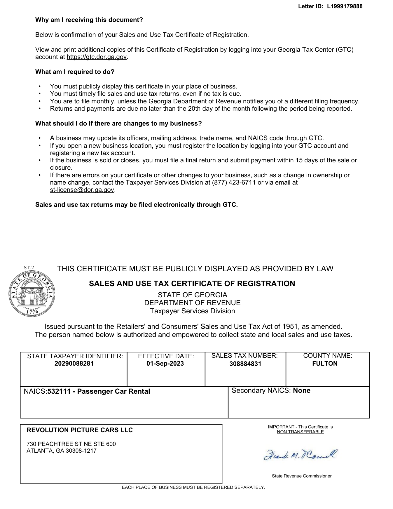 Georgia sales and use tax certificate of registration