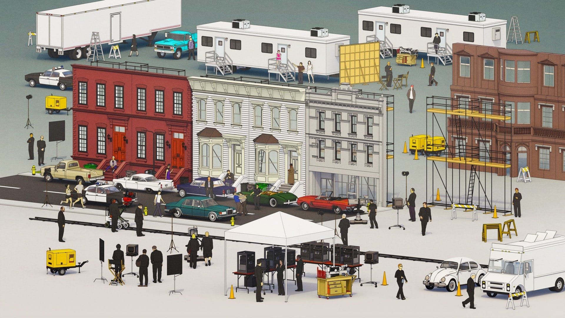 Film production set with vehicles