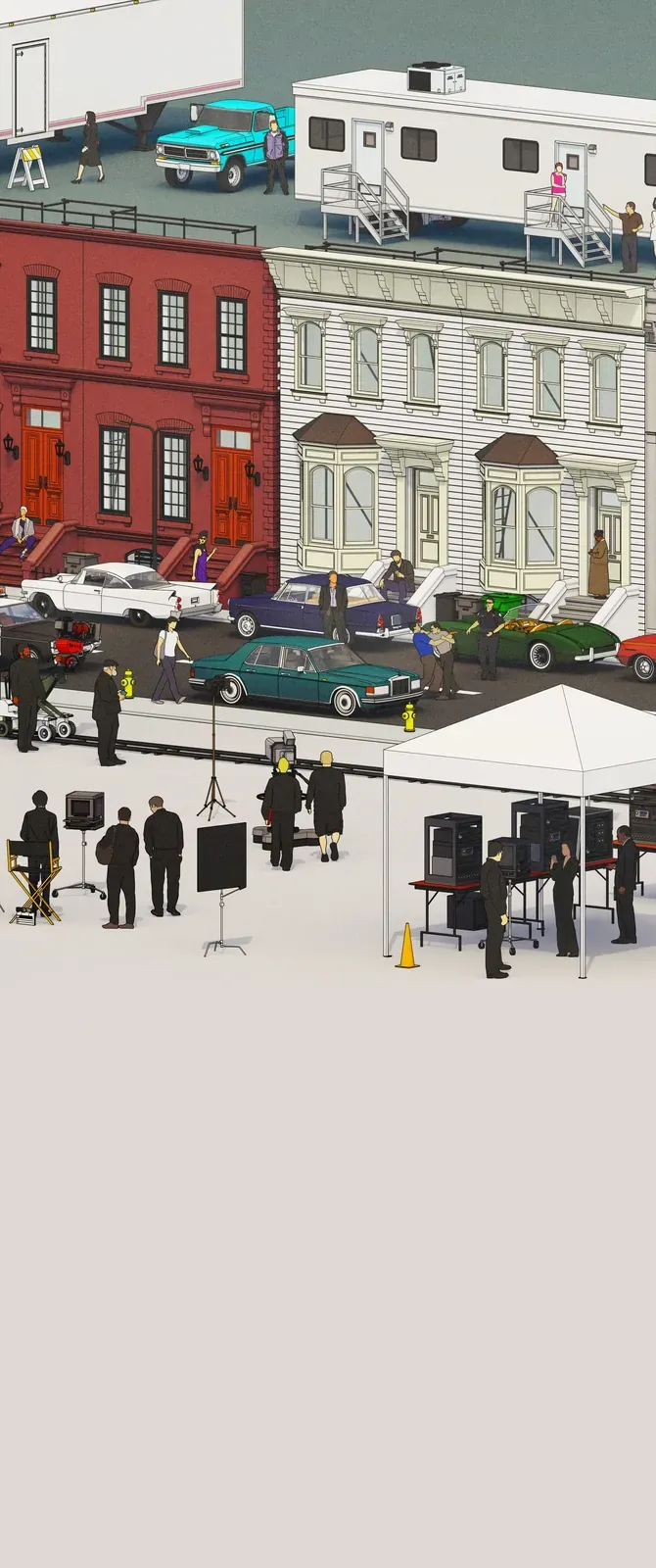 Film production set with vehicles