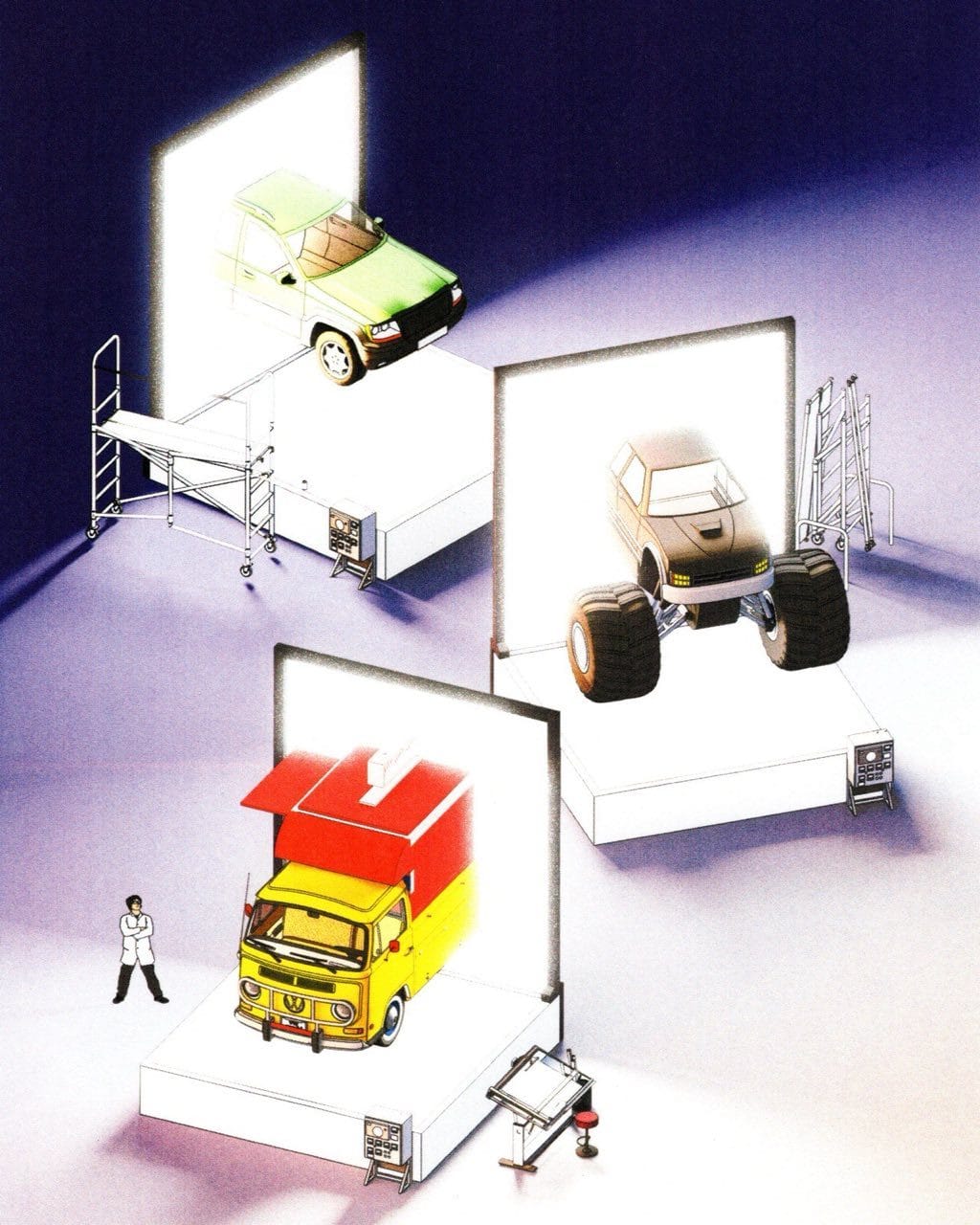Picture cars rolling out of a workshop