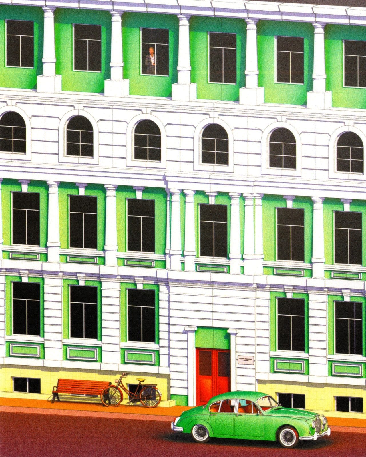 Classic green Jaguar parked at a period facade